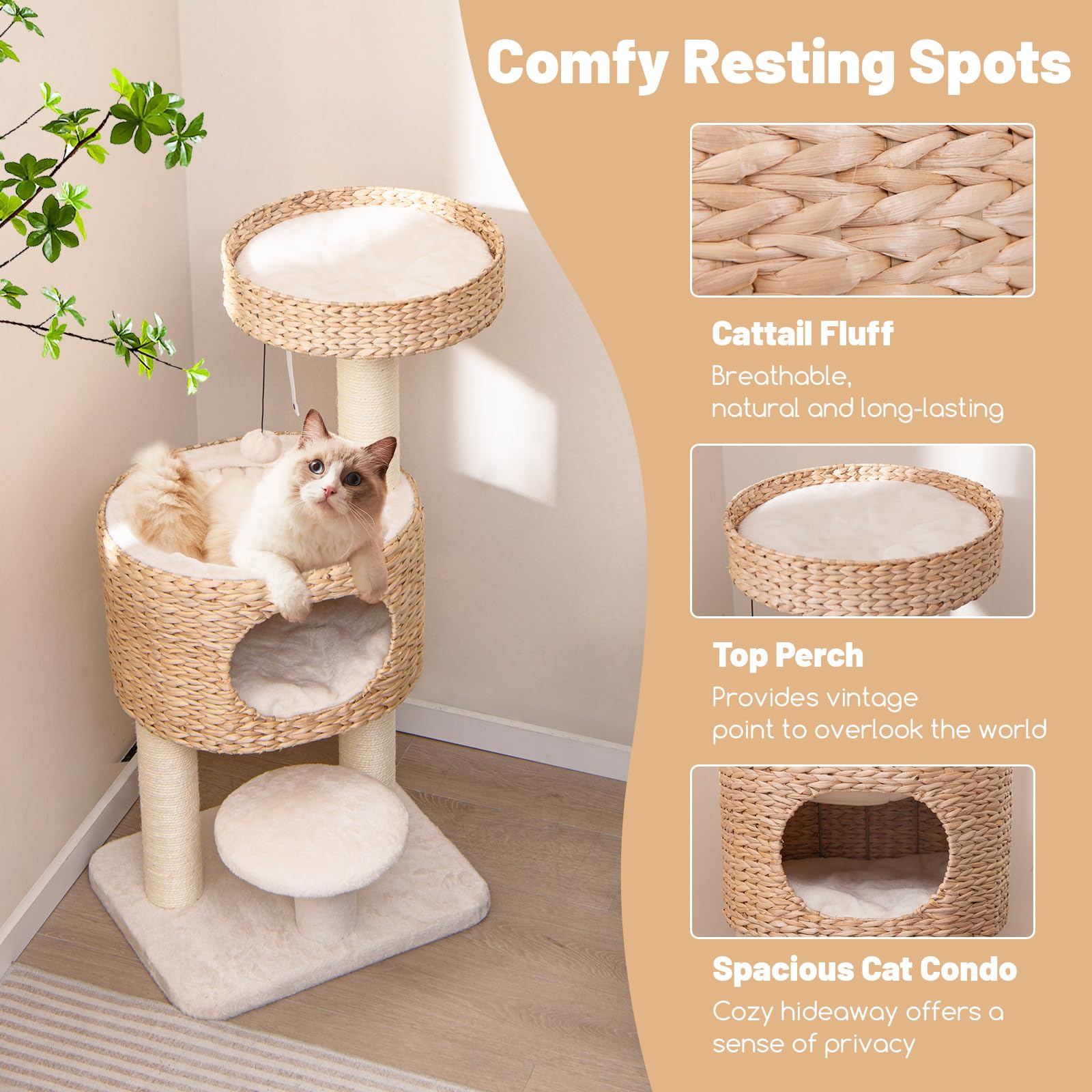 Tangkula Modern Cat Tree, 41 Inch Multi-Level Cat Tower With Cattail Fluff Condo & Top Perch, Hanging Toy, Bed, Removable Cushio